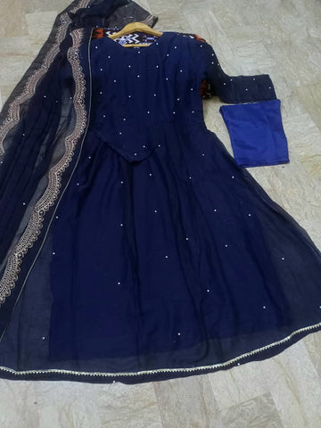 Women pearls and lace work long flare chiffon maxi with embroidered pearl dupatta and crepe trouser 3 piece stitched suit