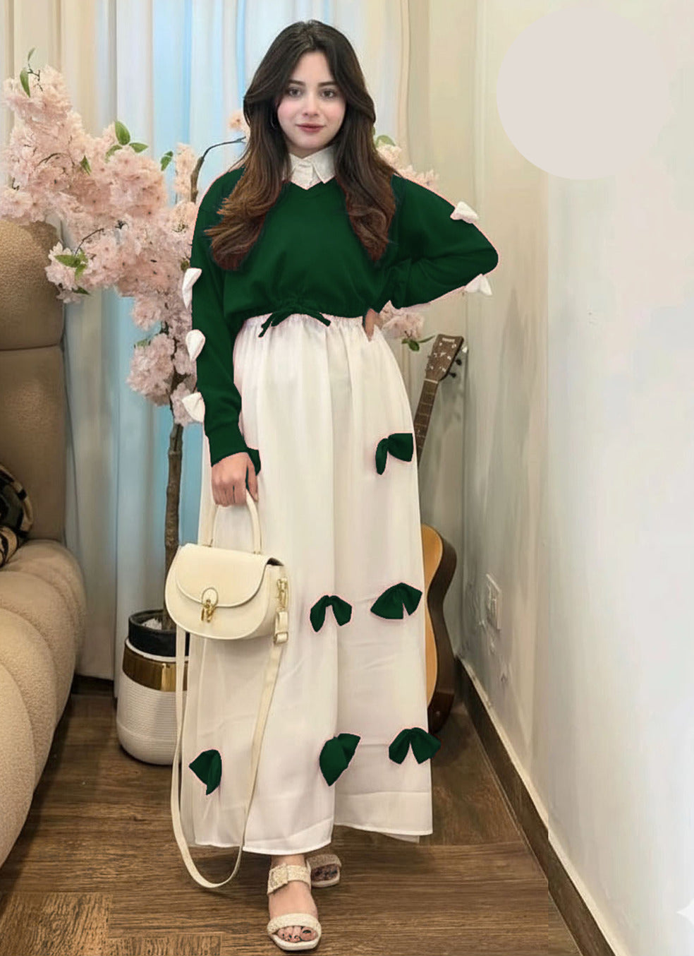 Trending Eid georgette V neck bow stitched top with contrast bow long flare maxi 2 piece stitched outfit