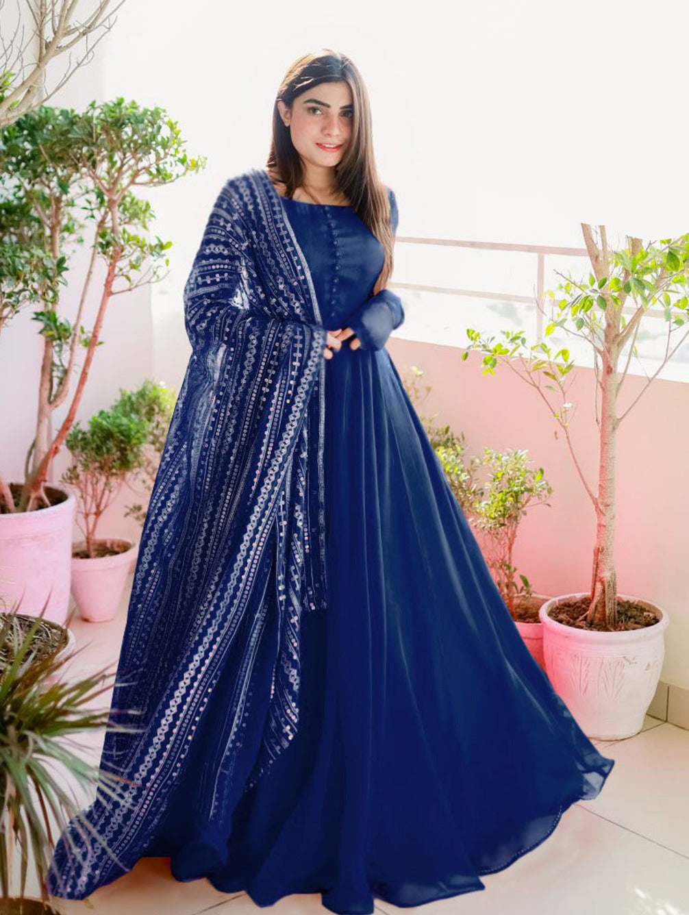 Women long flare chiffon maxi with handmade button kalli work and fully embroidered dupatta 3 piece stitched suit