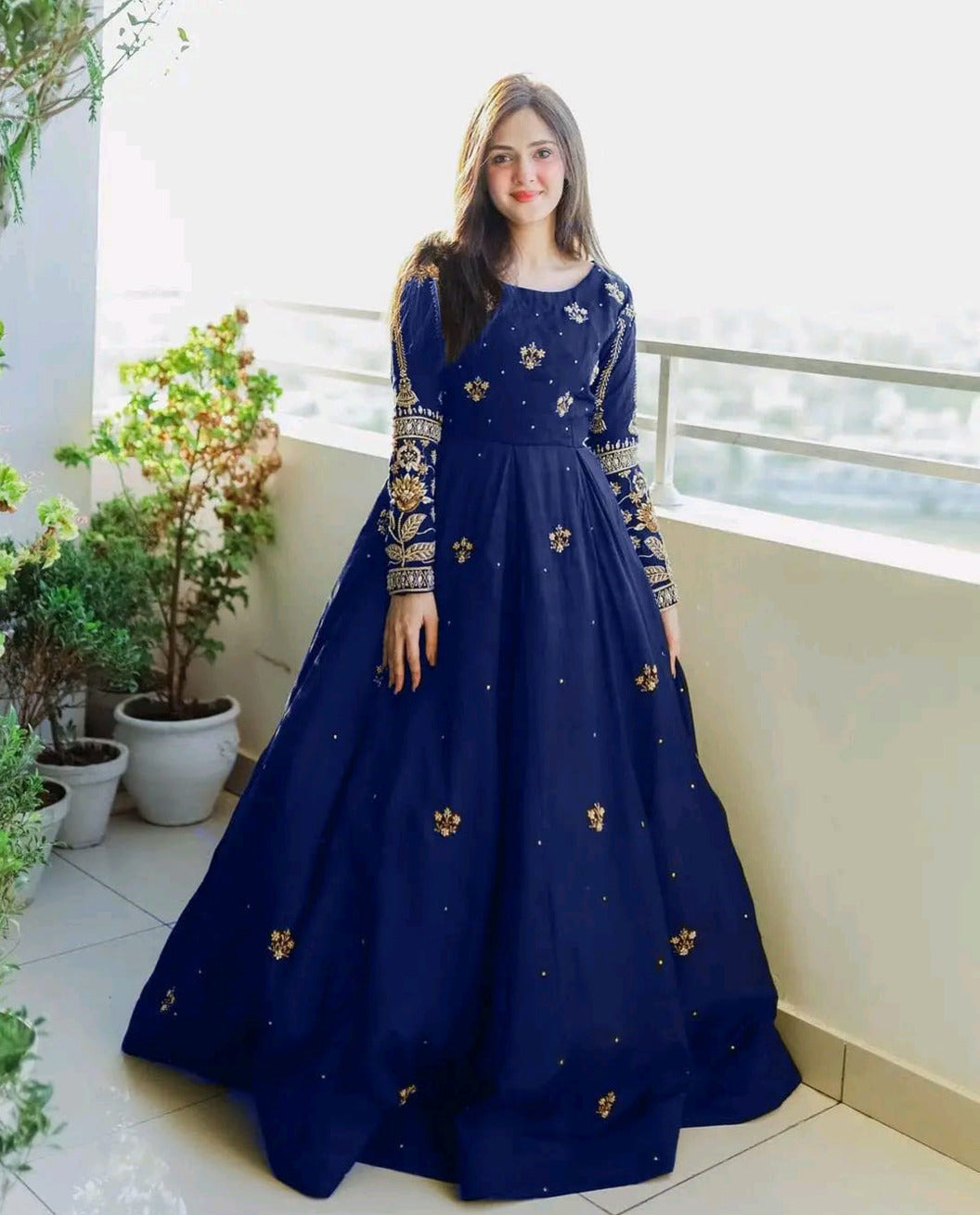 Women sequence boti embroidered chiffon maxi with thread zari work sleeves and crepe trouser 2 piece stitched suit