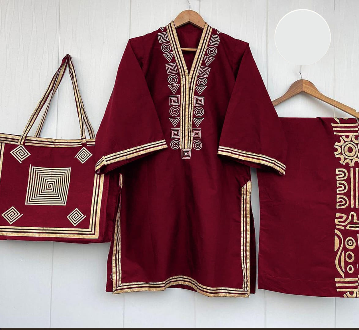 Women premium linen shirt with plazoo and handbag 3 piece stitched outfit