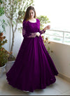 Women pearl embellished embroidered chiffon gown with shamose silk inner and trouser 3 piece stitched maxi suit