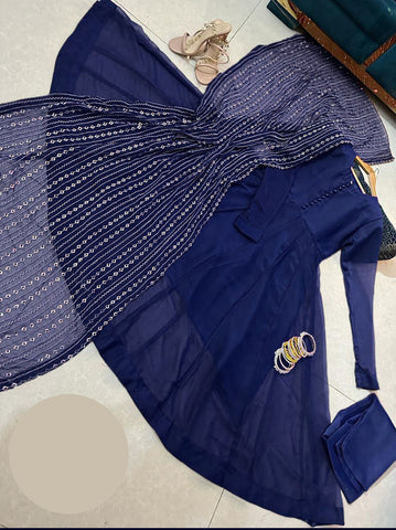 Women long flare chiffon maxi with handmade button kalli work and fully embroidered dupatta 3 piece stitched suit