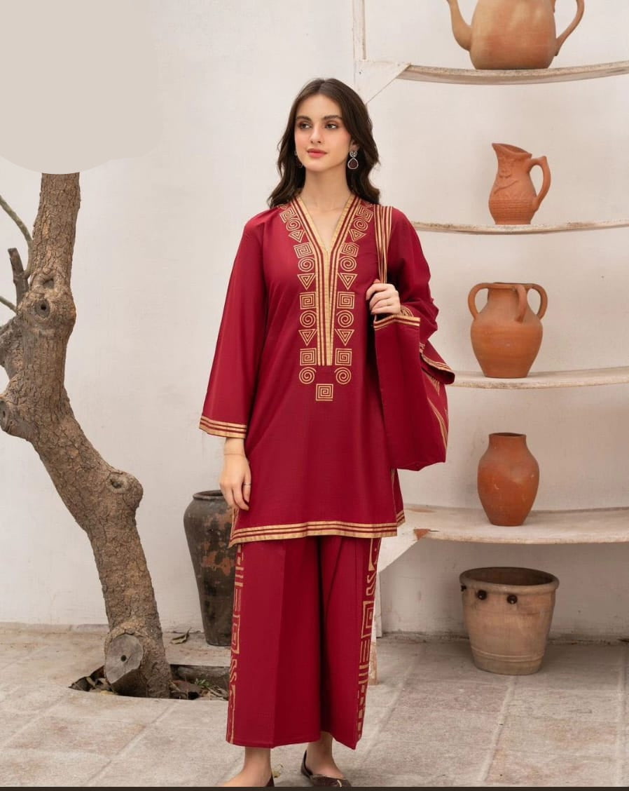 Women premium linen shirt with plazoo and handbag 3 piece stitched outfit