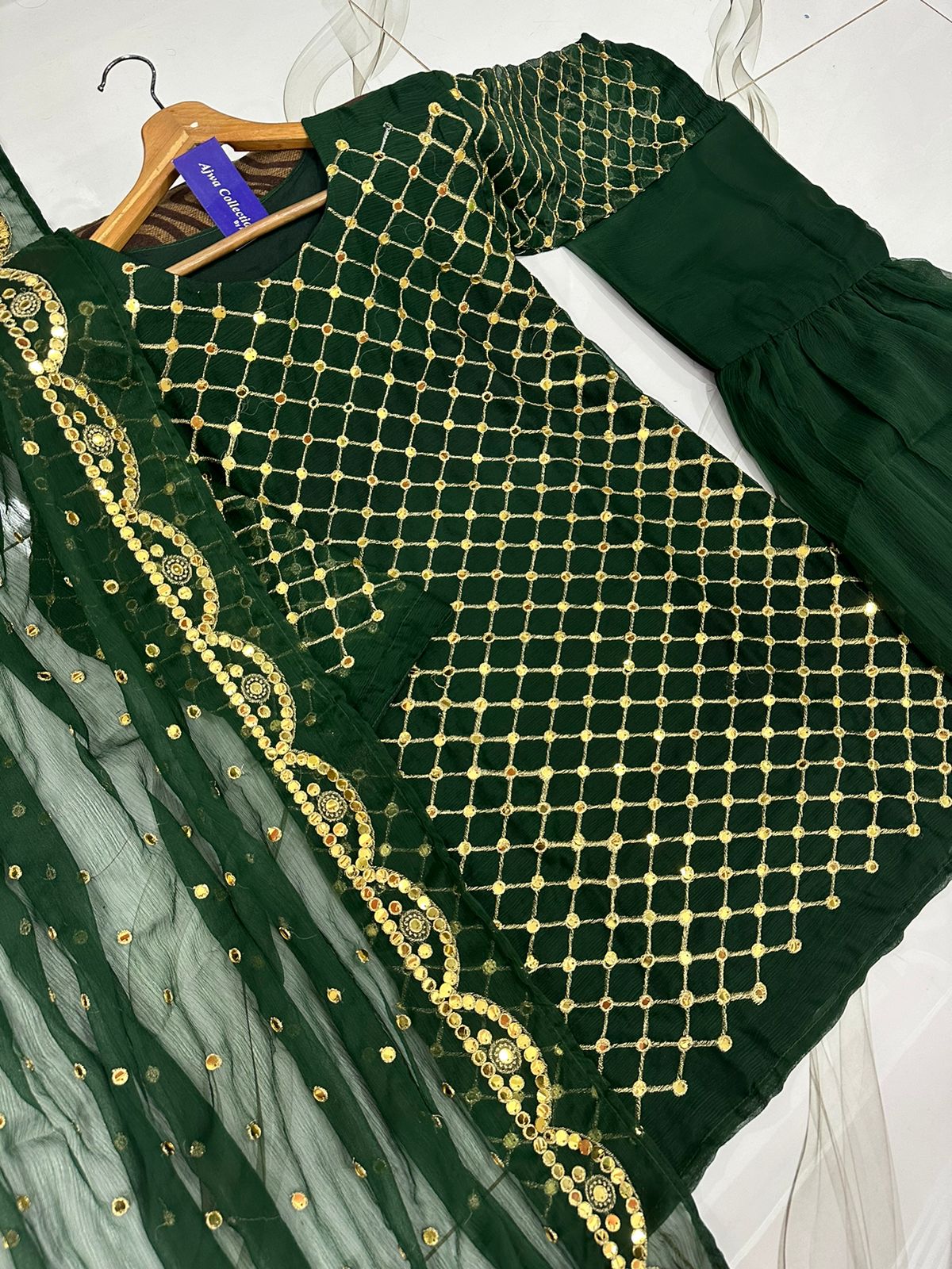 Women 9mm sequence embroidered chiffon shirt with garara and cut work dupatta 3 piece stitched suit