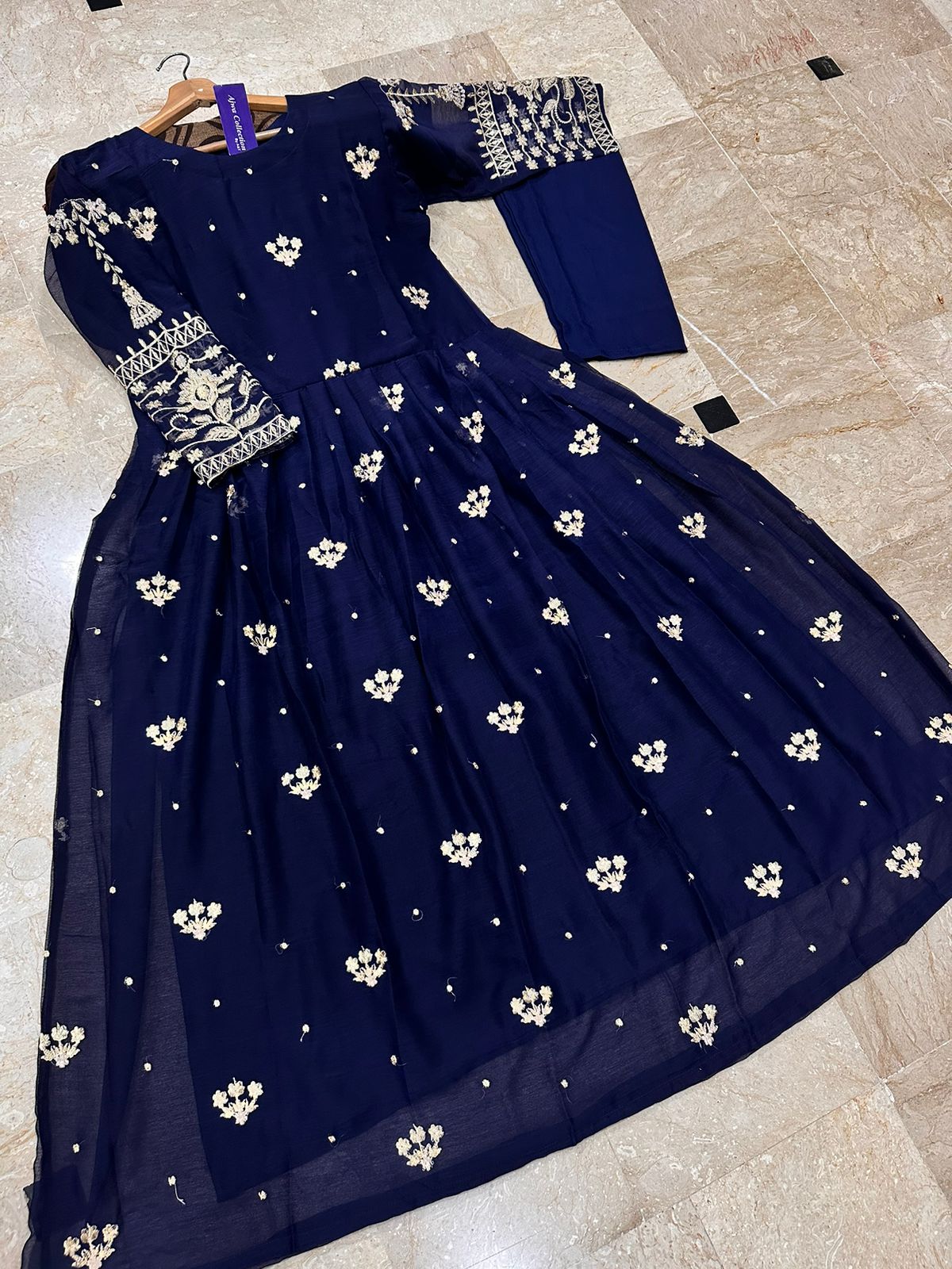 Women sequence boti embroidered chiffon maxi with thread zari work sleeves and crepe trouser 2 piece stitched suit