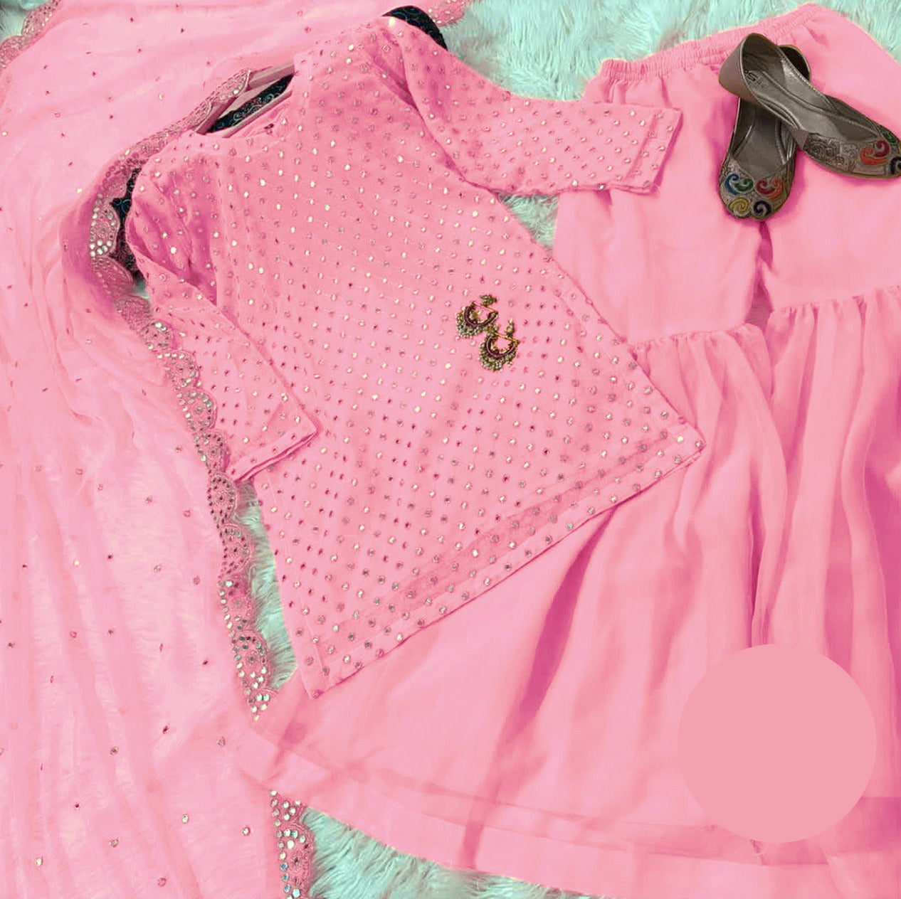 Women 9mm sequence embroidered chiffon shirt with garara and cut work dupatta 3 piece stitched suit