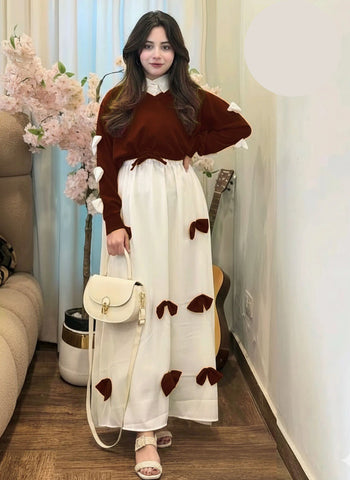 Trending Eid georgette V neck bow stitched top with contrast bow long flare maxi 2 piece stitched outfit