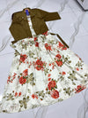 Women winter festival digital sleeveless long flare china silk maxi with belt and cotton koti 2 piece stitched outfit