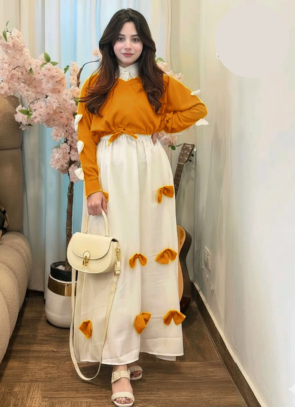 Trending Eid georgette V neck bow stitched top with contrast bow long flare maxi 2 piece stitched outfit