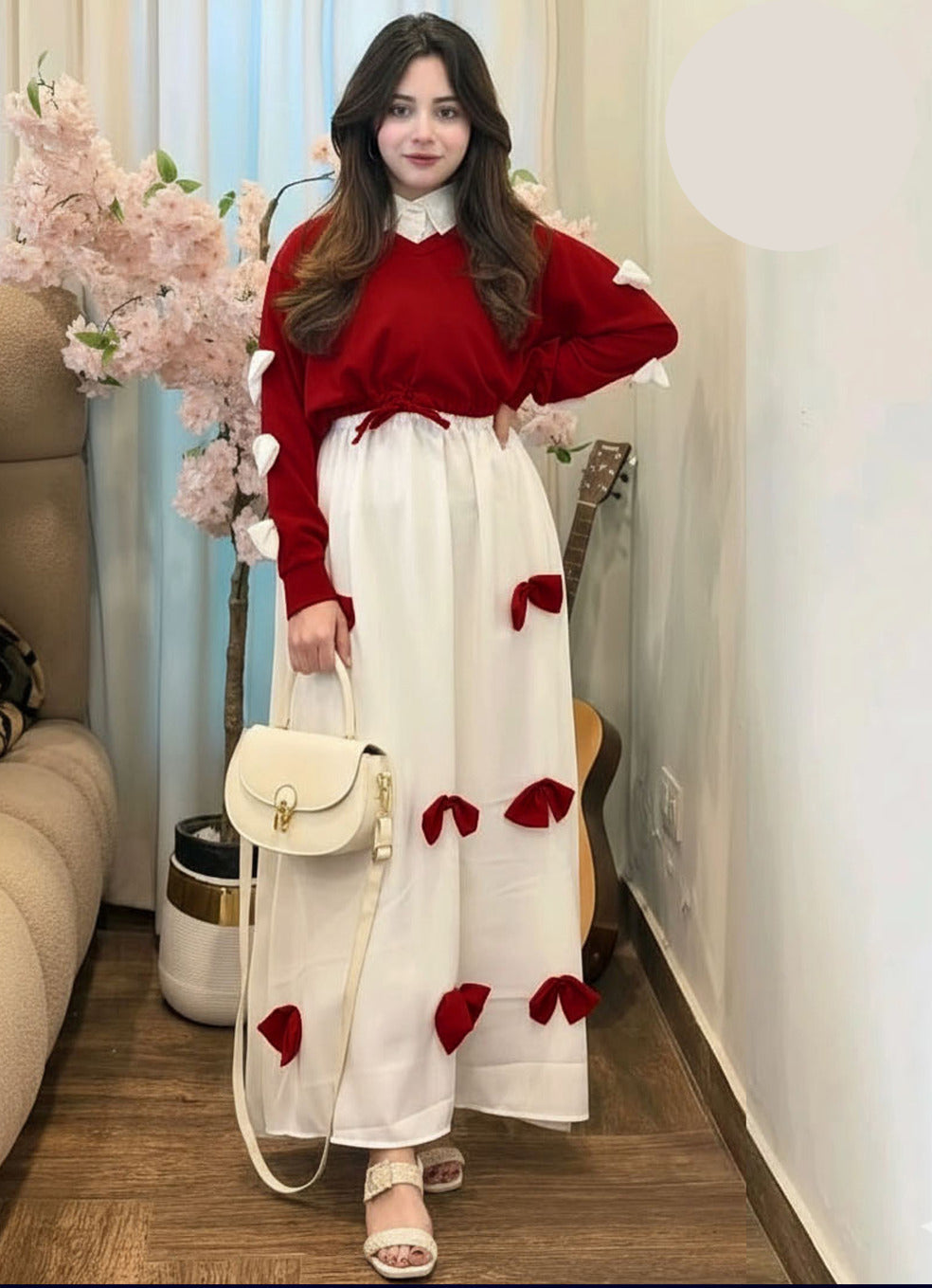 Trending Eid georgette V neck bow stitched top with contrast bow long flare maxi 2 piece stitched outfit