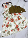 Women winter festival digital sleeveless long flare china silk maxi with belt and cotton koti 2 piece stitched outfit
