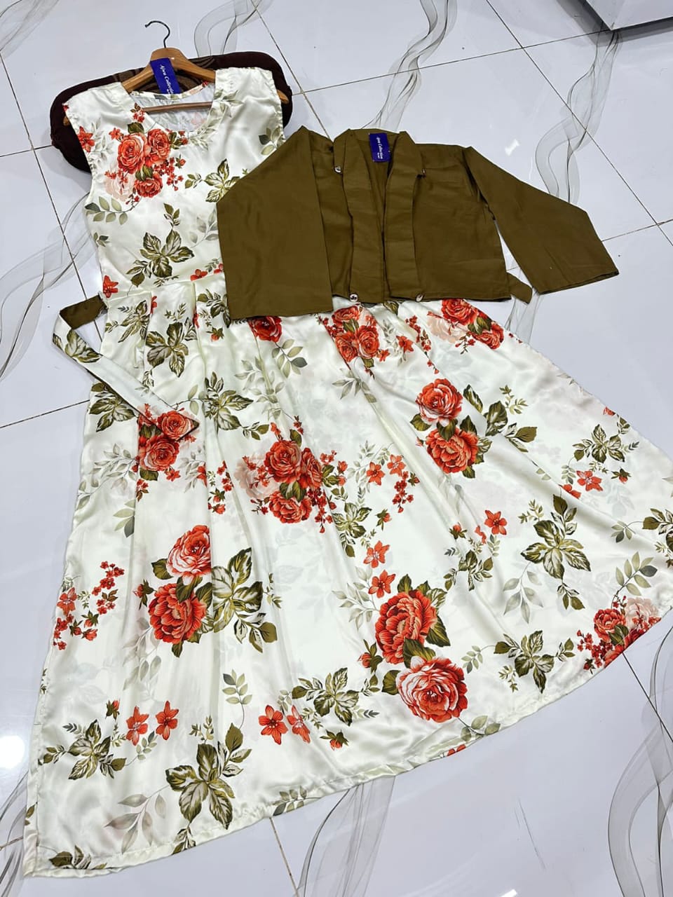 Women winter festival digital sleeveless long flare china silk maxi with belt and cotton koti 2 piece stitched outfit
