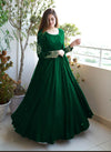 Women pearl embellished embroidered chiffon gown with shamose silk inner and trouser 3 piece stitched maxi suit