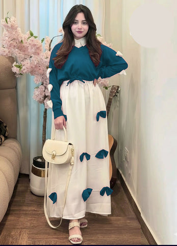Trending Eid georgette V neck bow stitched top with contrast bow long flare maxi 2 piece stitched outfit