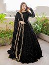 Women pearls and lace work long flare chiffon maxi with embroidered pearl dupatta and crepe trouser 3 piece stitched suit