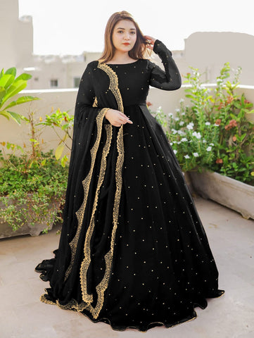 Women pearls and lace work long flare chiffon maxi with embroidered pearl dupatta and crepe trouser 3 piece stitched suit