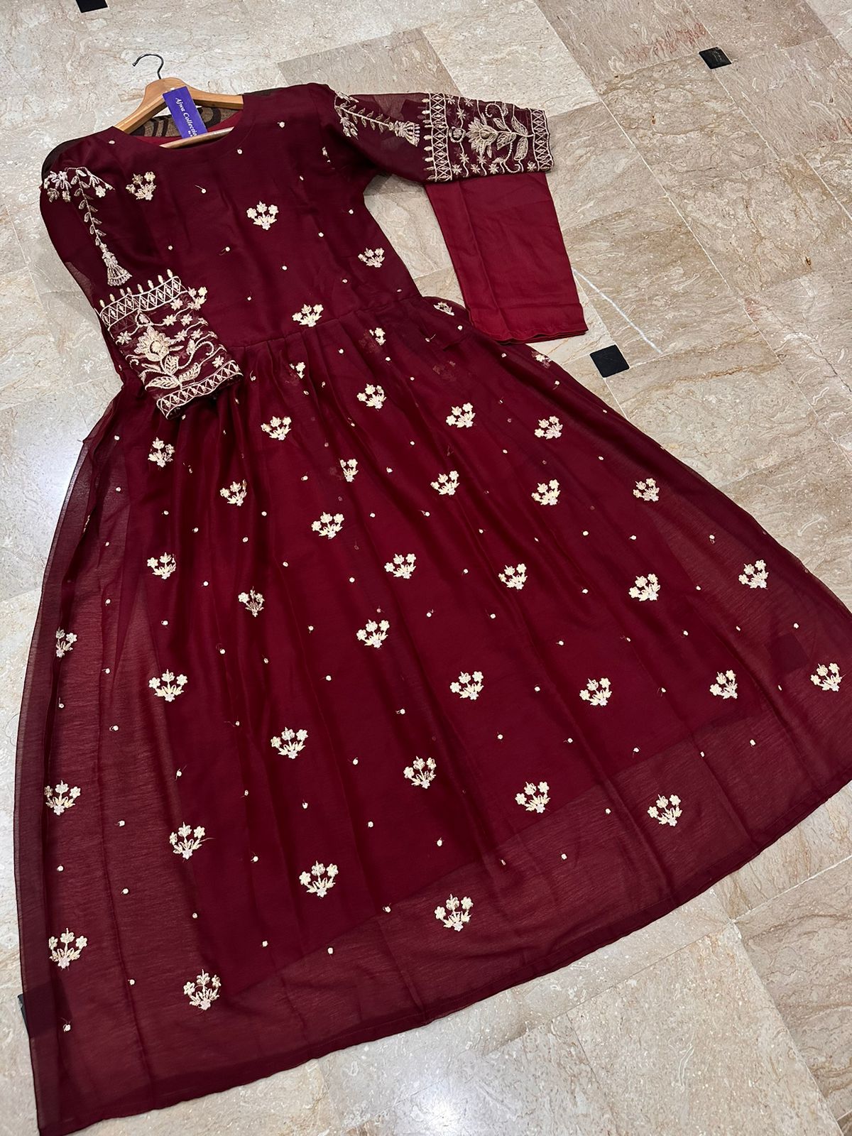 Women sequence boti embroidered chiffon maxi with thread zari work sleeves and crepe trouser 2 piece stitched suit