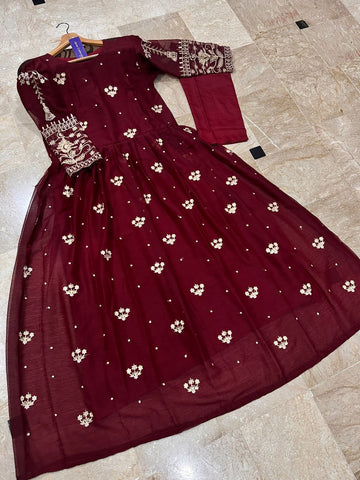 Women sequence boti embroidered chiffon maxi with thread zari work sleeves and crepe trouser 2 piece stitched suit