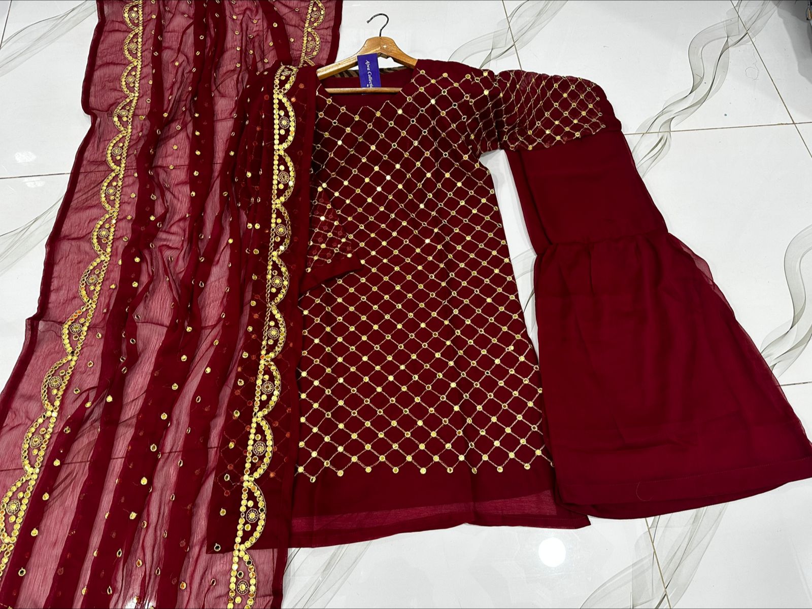 Women 9mm sequence embroidered chiffon shirt with garara and cut work dupatta 3 piece stitched suit