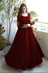 Women pearl embellished embroidered chiffon gown with shamose silk inner and trouser 3 piece stitched maxi suit