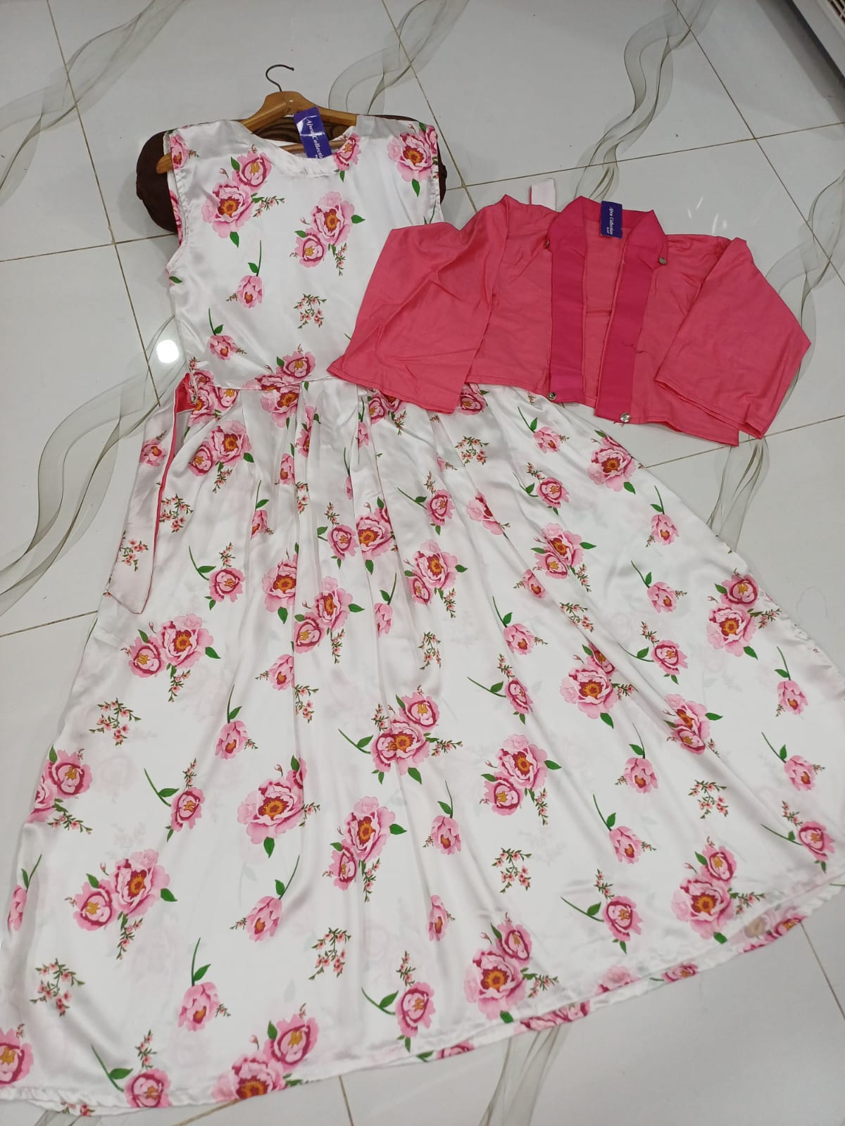 Women winter festival digital sleeveless long flare china silk maxi with belt and cotton koti 2 piece stitched outfit