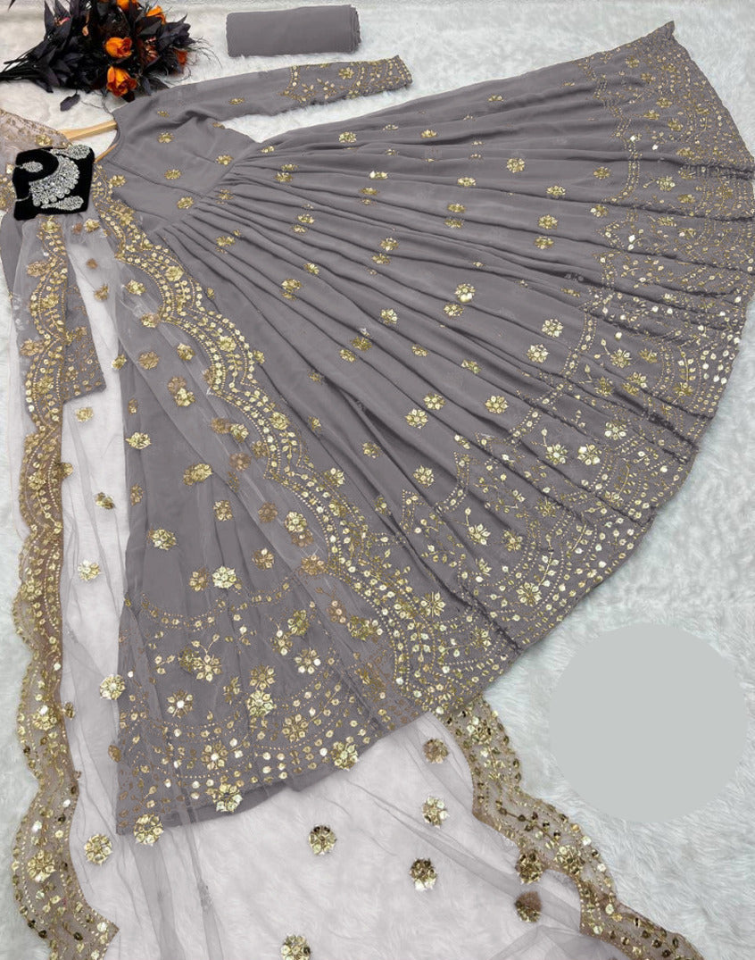 Women border ring polka embroidered shamose silk maxi with two border embroidered organza dupatta and trouser 3 piece stitched suit