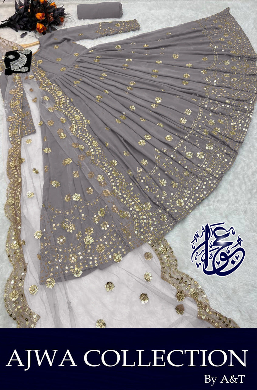 Women border ring polka embroidered shamose silk maxi with two border embroidered organza dupatta and trouser 3 piece stitched suit