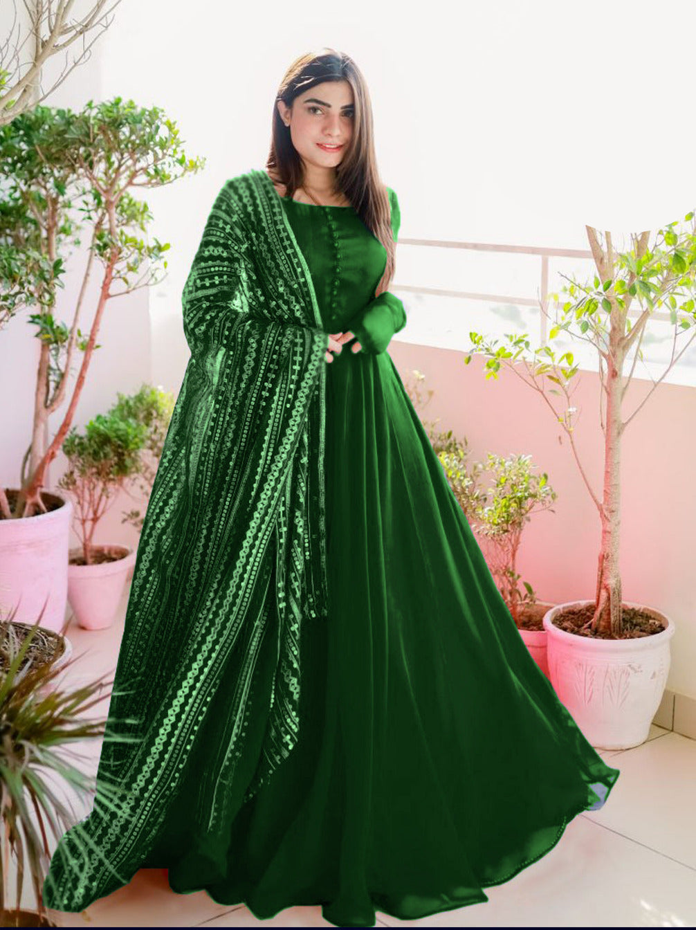 Women long flare chiffon maxi with handmade button kalli work and fully embroidered dupatta 3 piece stitched suit