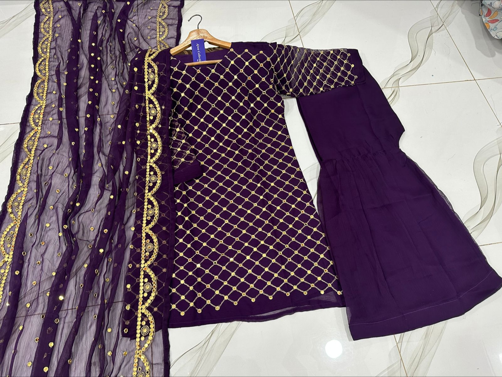 Women 9mm sequence embroidered chiffon shirt with garara and cut work dupatta 3 piece stitched suit