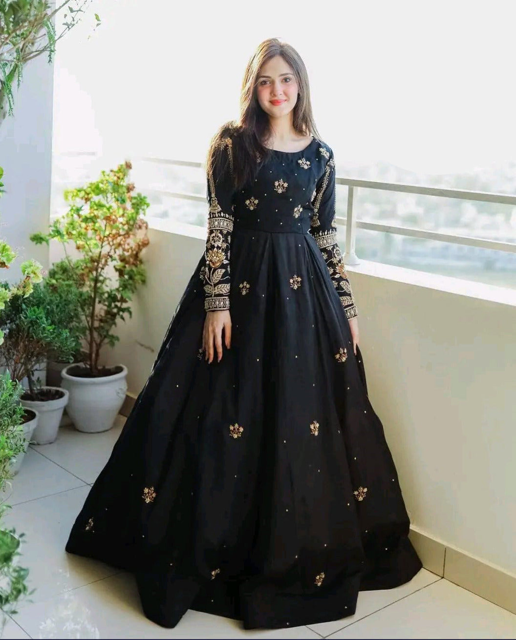 Women sequence boti embroidered chiffon maxi with thread zari work sleeves and crepe trouser 2 piece stitched suit