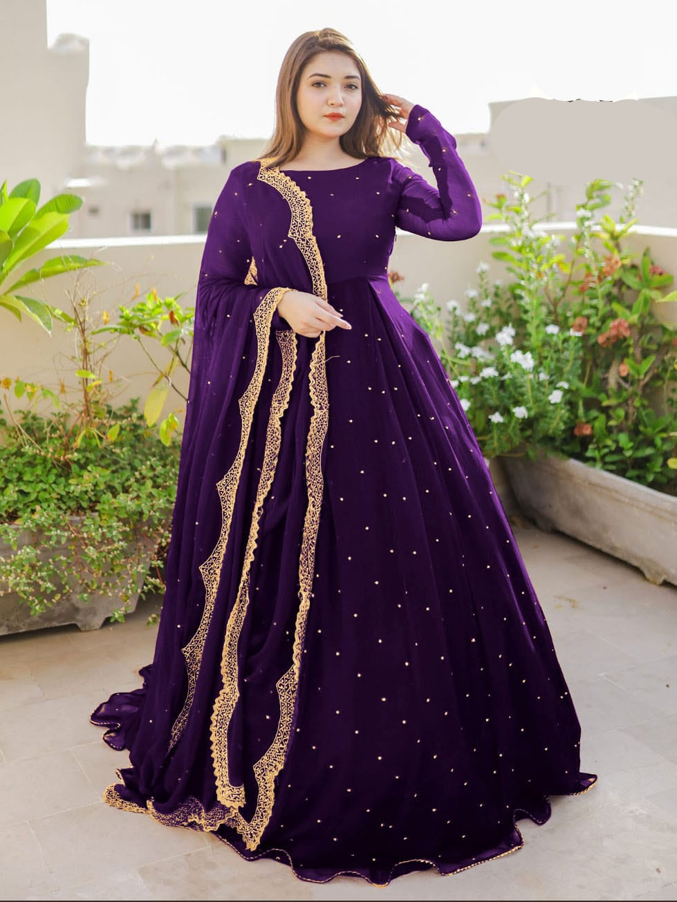 Women pearls and lace work long flare chiffon maxi with embroidered pearl dupatta and crepe trouser 3 piece stitched suit