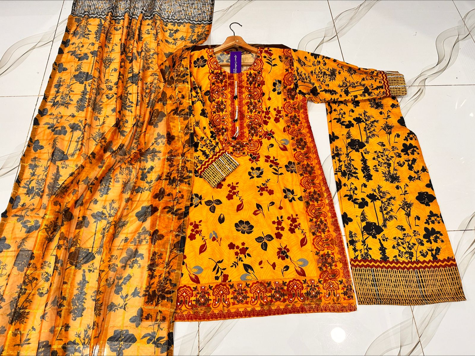 Eid 2026 digital printed embroidered shirt with tassels pearls flapper and dupatta 3 piece stitched suit