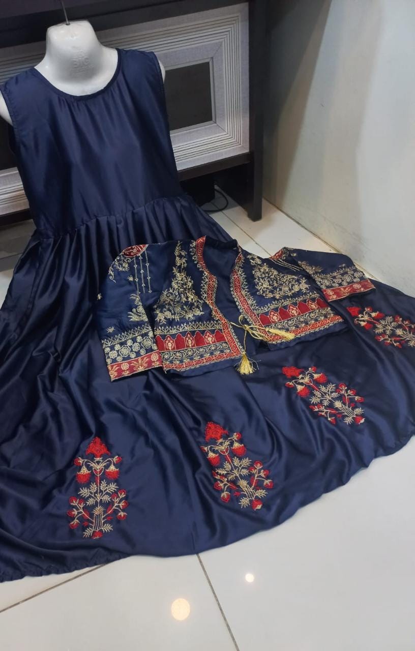 Women sleeveless embroidered silk maxi dress with separate embroidered koti 2 piece stitched suit