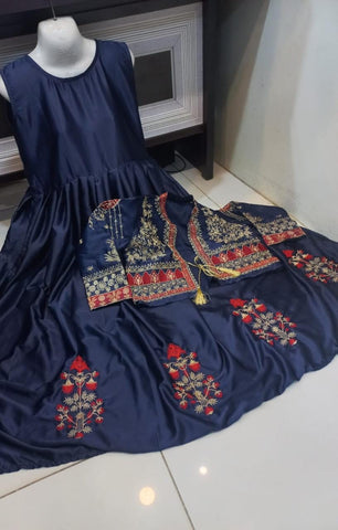 Women sleeveless embroidered silk maxi dress with separate embroidered koti 2 piece stitched suit