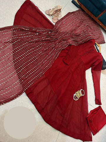 Women long flare chiffon maxi with handmade button kalli work and fully embroidered dupatta 3 piece stitched suit
