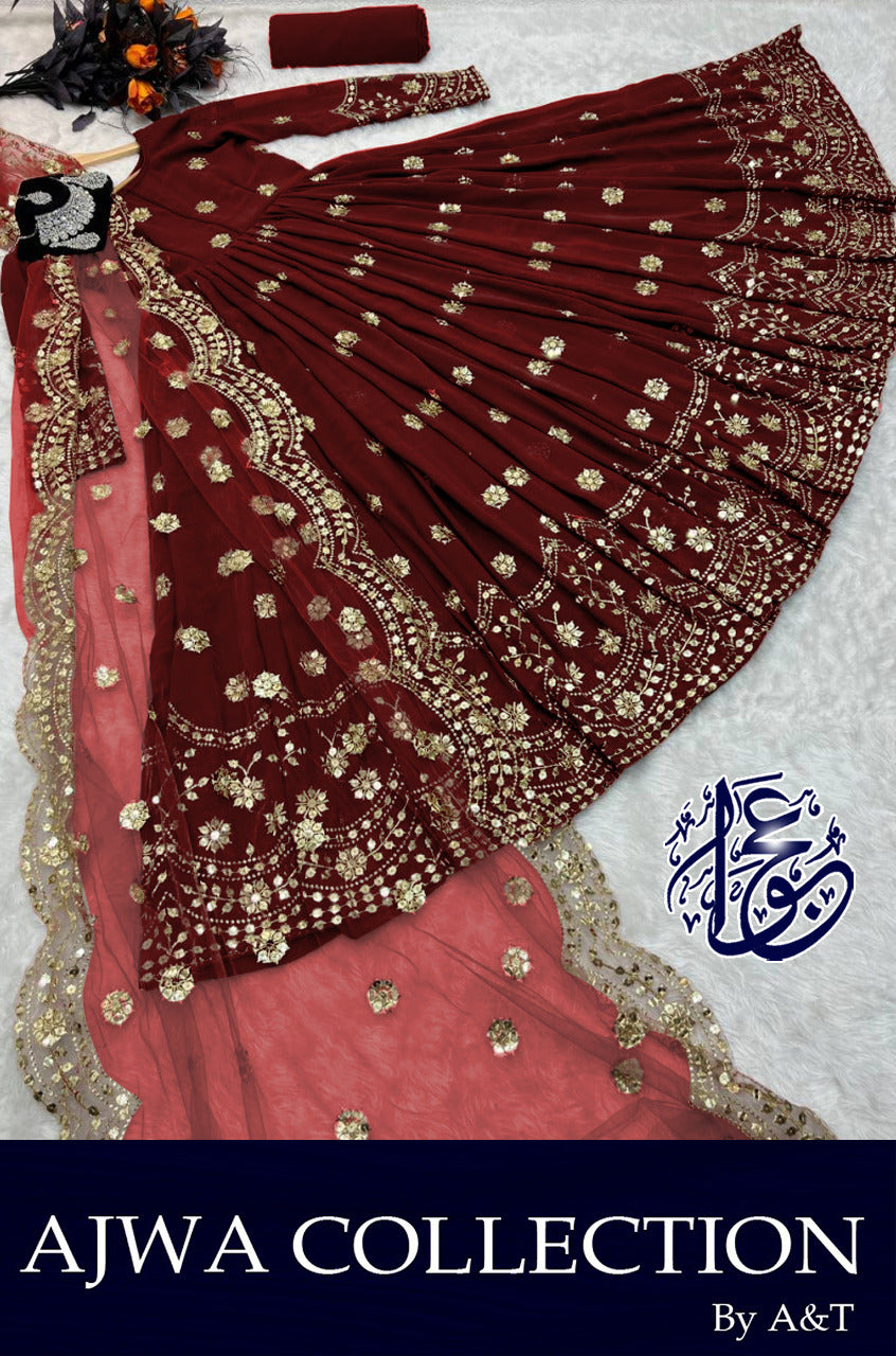 Women border ring polka embroidered shamose silk maxi with two border embroidered organza dupatta and trouser 3 piece stitched suit