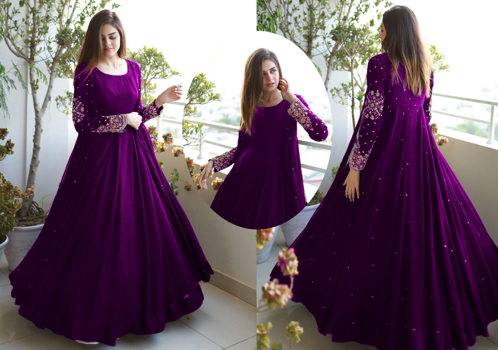 Women pearl embellished embroidered chiffon gown with shamose silk inner and trouser 3 piece stitched maxi suit