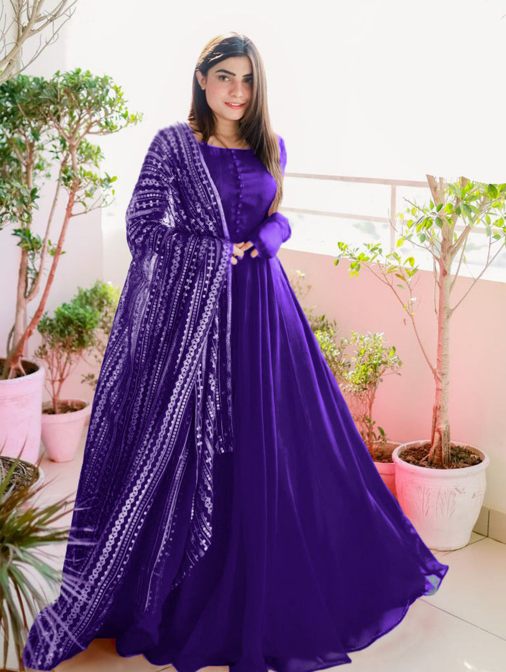 Women long flare chiffon maxi with handmade button kalli work and fully embroidered dupatta 3 piece stitched suit