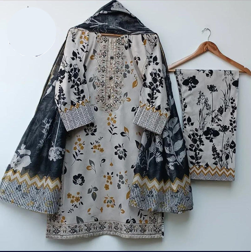 Eid 2026 digital printed embroidered shirt with tassels pearls flapper and dupatta 3 piece stitched suit