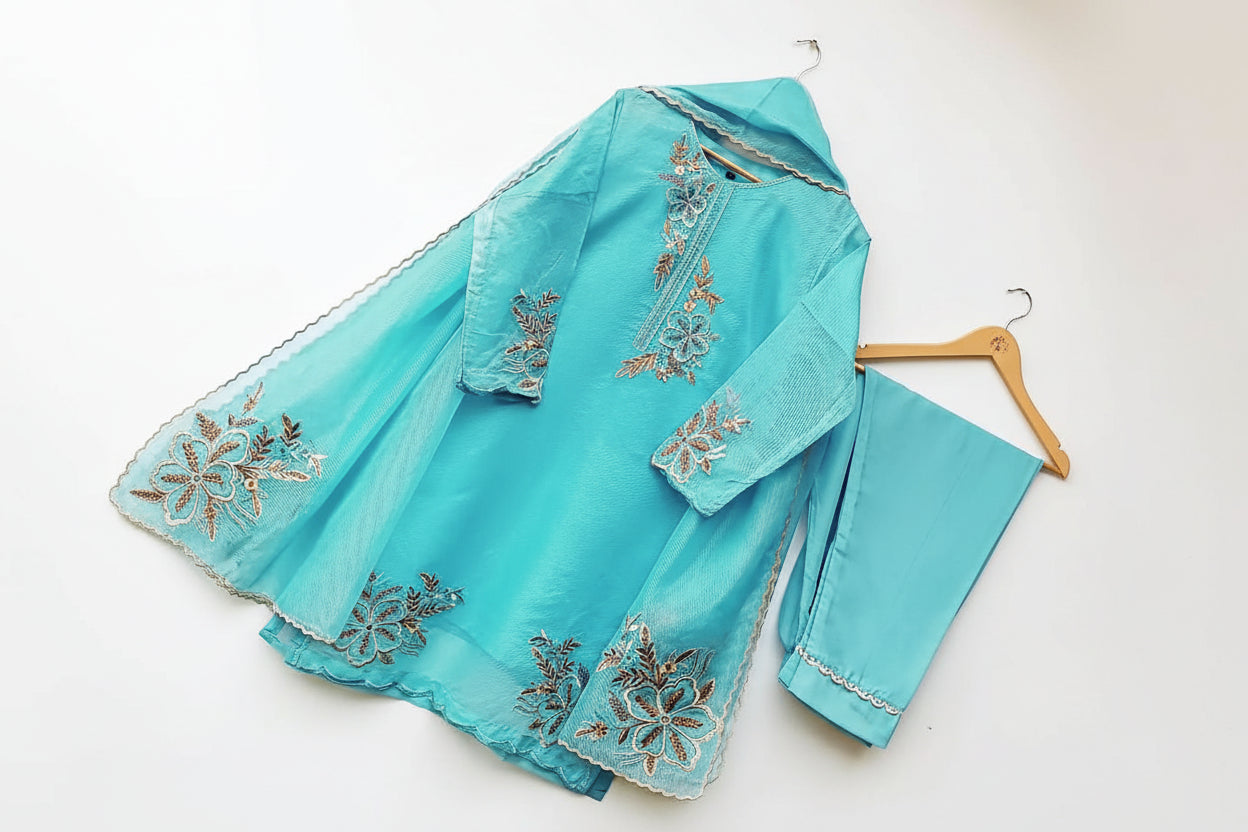 Embroidered Organza 3PC Stitched Suit for Women | Cutwork Dupatta & Crepe Trouser