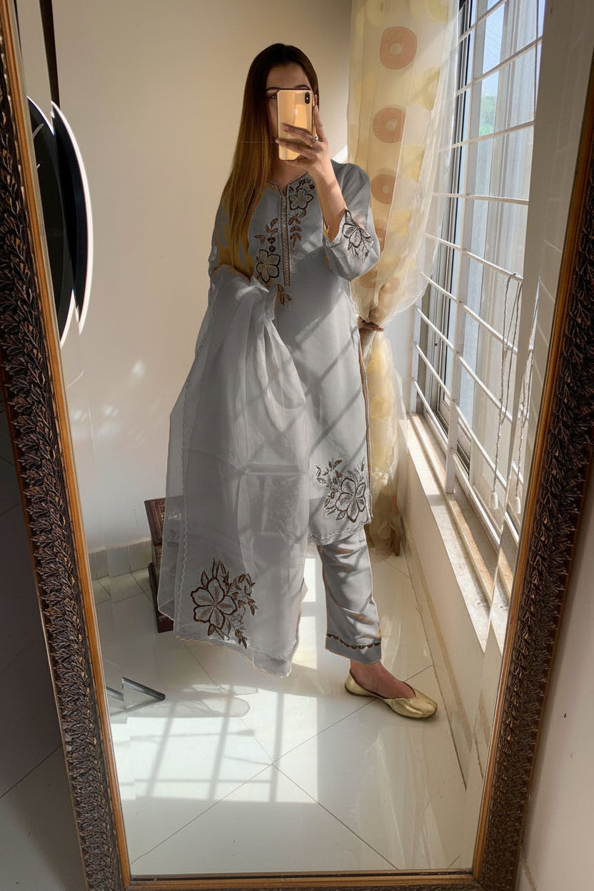 Embroidered Organza 3PC Stitched Suit for Women | Cutwork Dupatta & Crepe Trouser