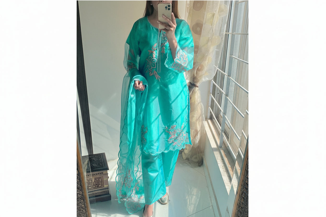 Embroidered Organza 3PC Stitched Suit for Women | Cutwork Dupatta & Crepe Trouser