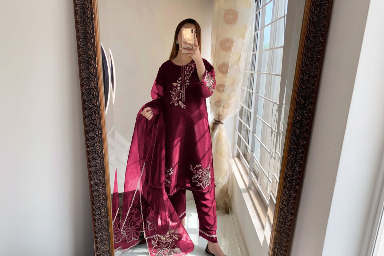 Embroidered Organza 3PC Stitched Suit for Women | Cutwork Dupatta & Crepe Trouser