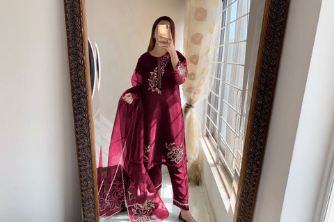 Embroidered Organza 3PC Stitched Suit for Women | Cutwork Dupatta & Crepe Trouser