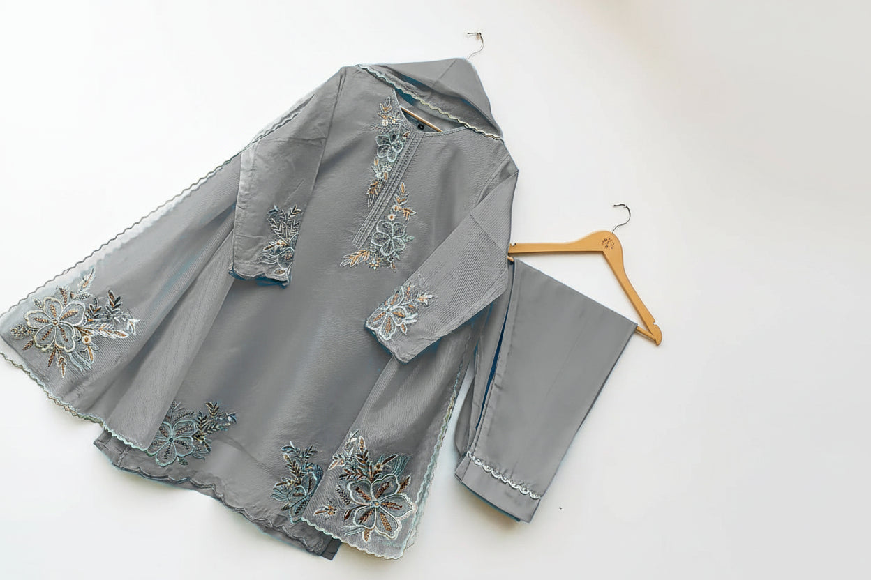 Embroidered Organza 3PC Stitched Suit for Women | Cutwork Dupatta & Crepe Trouser