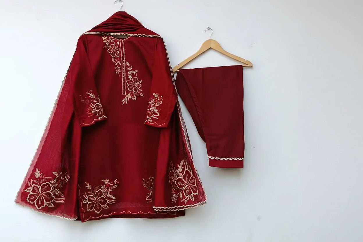 Embroidered Organza 3PC Stitched Suit for Women | Cutwork Dupatta & Crepe Trouser