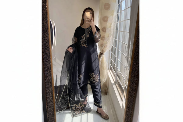 Embroidered Organza 3PC Stitched Suit for Women | Cutwork Dupatta & Crepe Trouser