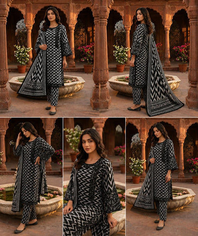 Zig Zag Digital Printed Stitched 3PC Suit with Embroidery Sleeves and Diamond Dupatta PV Cotton Collection