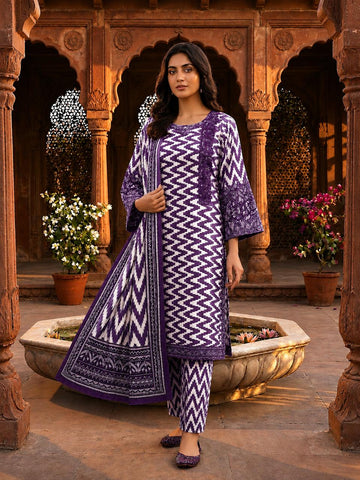 Zig Zag Digital Printed Stitched 3PC Suit with Embroidery Sleeves and Diamond Dupatta PV Cotton Collection